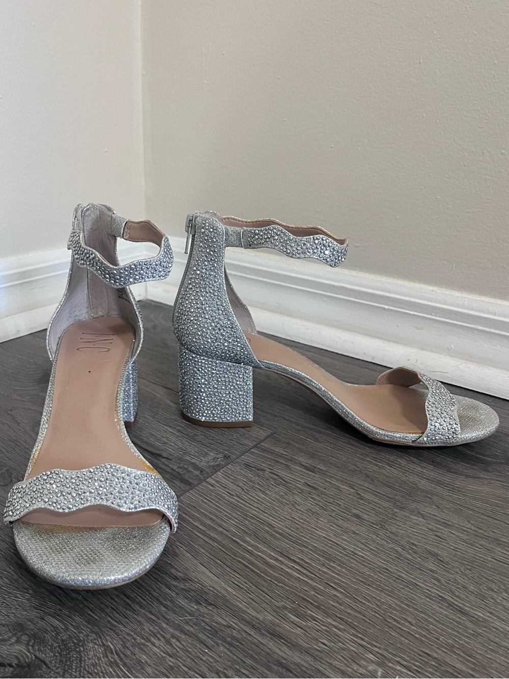 Glitter Block Heel Ankle-Strap Sandals in Silver